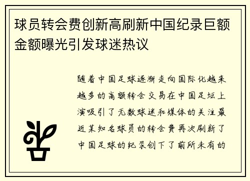 球员转会费创新高刷新中国纪录巨额金额曝光引发球迷热议