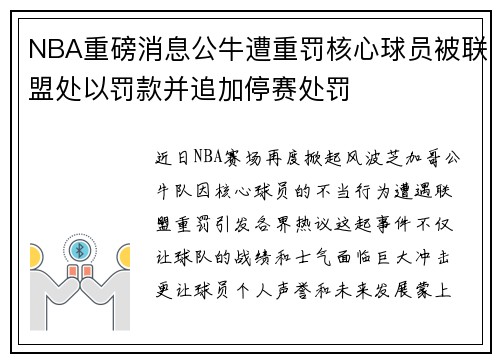 NBA重磅消息公牛遭重罚核心球员被联盟处以罚款并追加停赛处罚