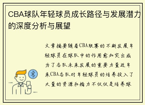 CBA球队年轻球员成长路径与发展潜力的深度分析与展望